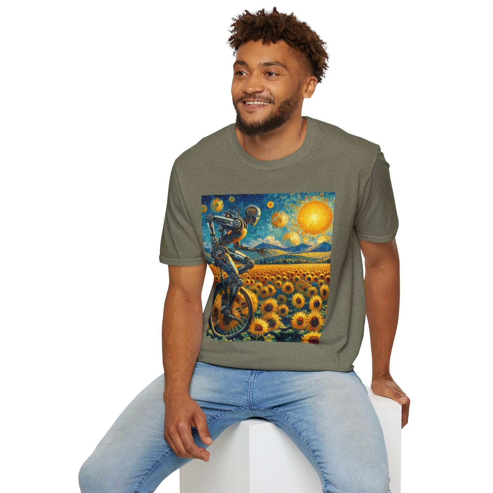 Surreal Robot T-Shirt – Sunflower Field Unicycle Graphic - Image 21