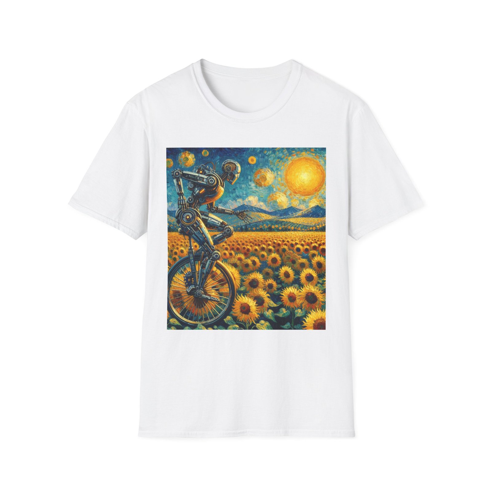 Surreal Robot T-Shirt – Sunflower Field Unicycle Graphic - Image 6