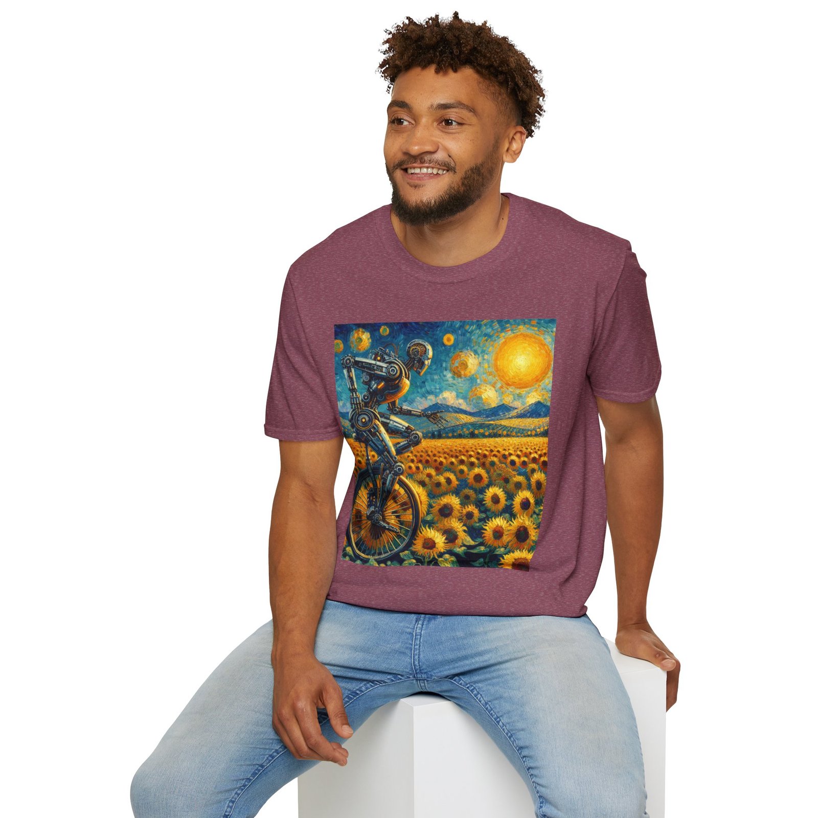 Surreal Robot T-Shirt – Sunflower Field Unicycle Graphic - Image 26