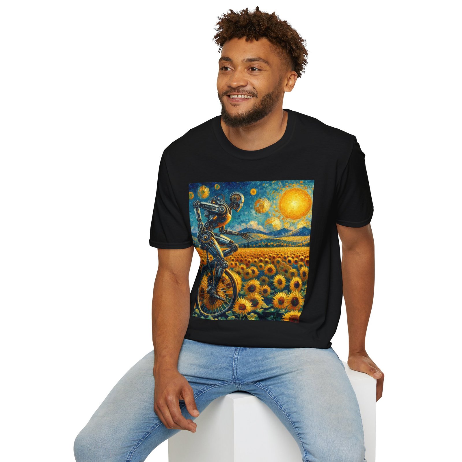 Surreal Robot T-Shirt – Sunflower Field Unicycle Graphic - Image 15
