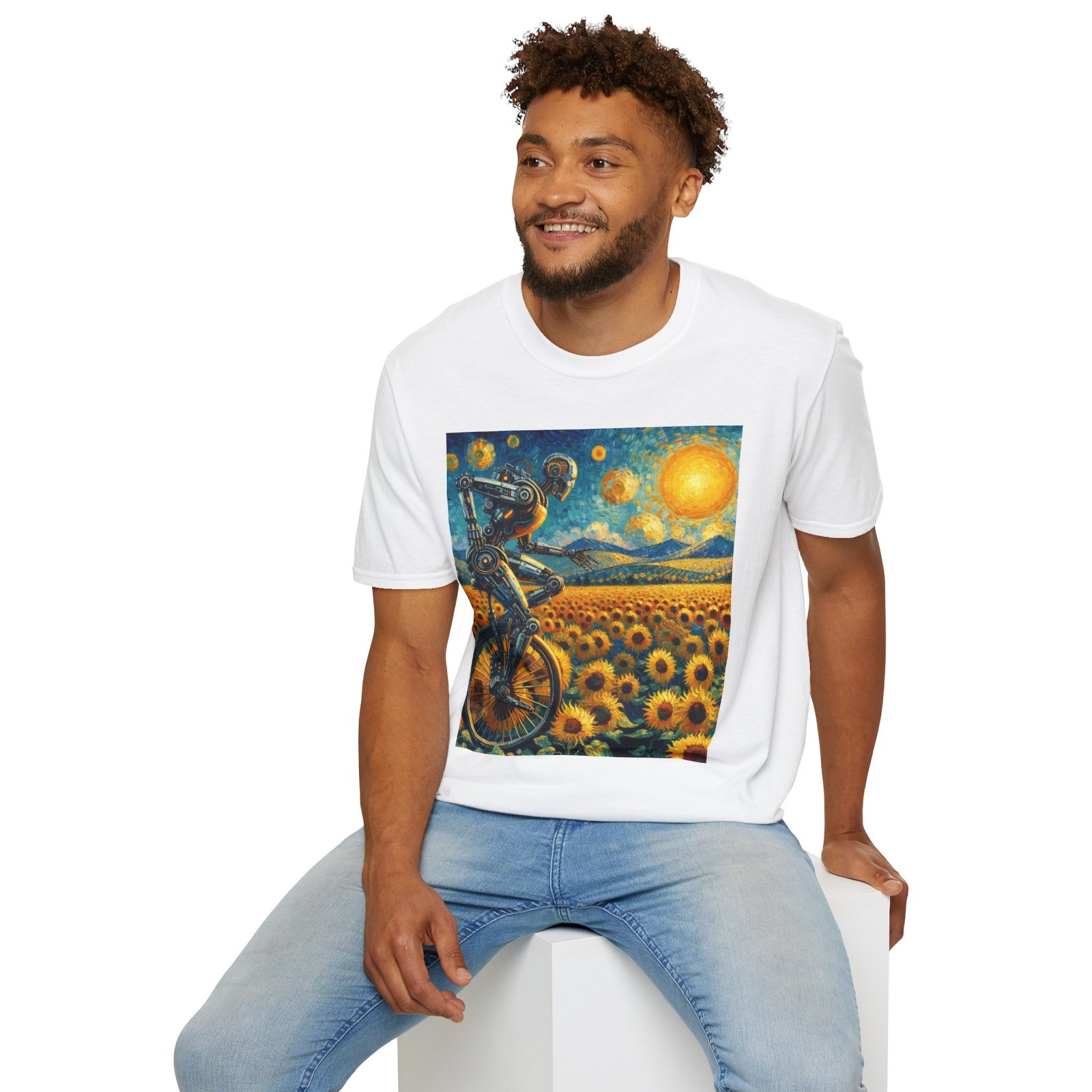 Surreal Robot T-Shirt – Sunflower Field Unicycle Graphic - Image 10