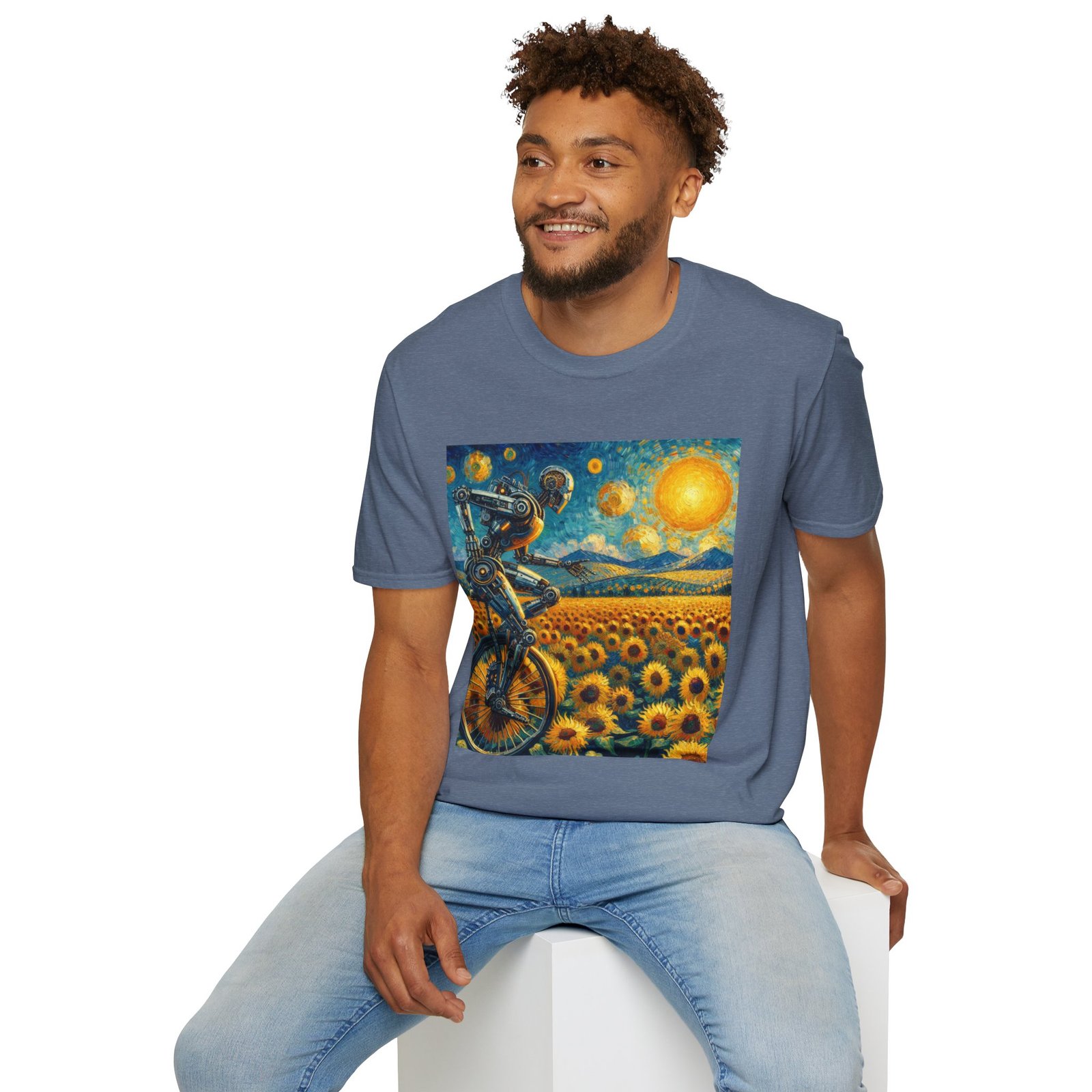 Surreal Robot T-Shirt – Sunflower Field Unicycle Graphic - Image 2
