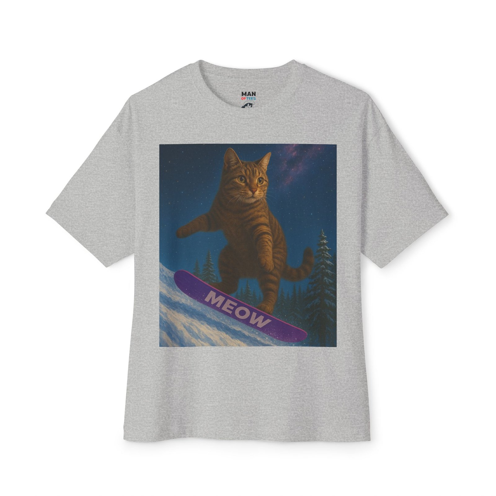 Cosmic Snowboarding Cat T-Shirt – Meow Board Graphic