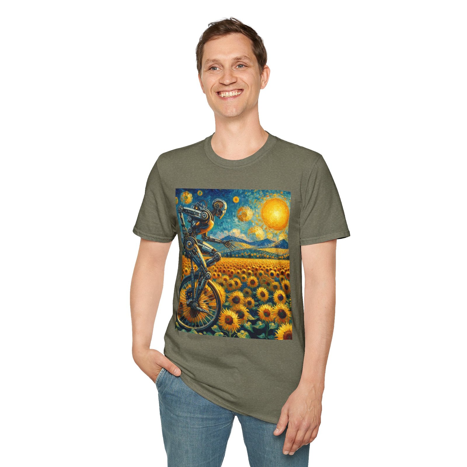 Surreal Robot T-Shirt – Sunflower Field Unicycle Graphic - Image 20